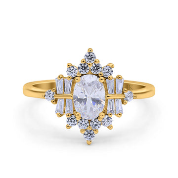 14K Yellow Gold Oval Cut Halo Vintage Bridal Wedding Engagement Ring Simulated CZ